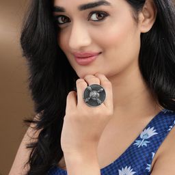 Rubans Oxidised Silver-Toned Adjustable Finger Ring-5