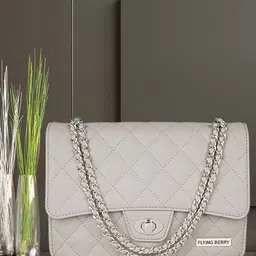 FLYING BERRY Grey PU Structured Quilted Sling Bag with Chain Sling-11