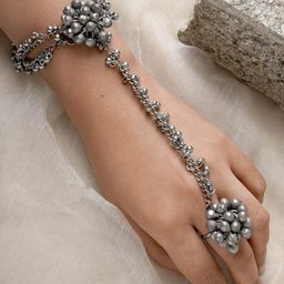TEEJH Oxidised Silver-Plated Bangle With Finger Ring-38
