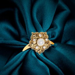 OOMPH Gold-Toned White Floral Artificial Stones & Beads Adjustable Finger Ring-24