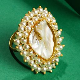 SOHI Gold-Toned White Pearl Beaded Jadau Finger Ring-image-93
