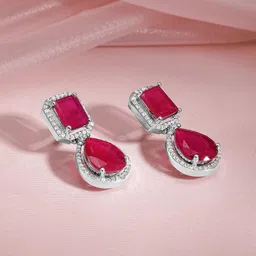 Rubans Rhodium Plated Ruby & Cubic Zirconia Studded Embellished Drop Earrings image 2