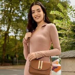 Accessorize Tan Brown Solid Structured Sling Bag-47