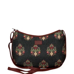 ZOUK Black & Red Ethnic Motifs Printed Half Moon Sling Bag image 2