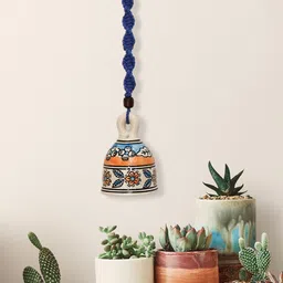 Gathari Blue Self Designed Ceramic Hanging Bell Wall Decor-image-6