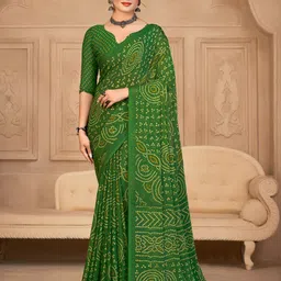Anouk Green & Yellow Bandhani Printed Pure Chiffon Saree-image-21