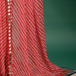 Anouk Red & White Leheriya Mirror Work Pure Chiffon Saree image 3