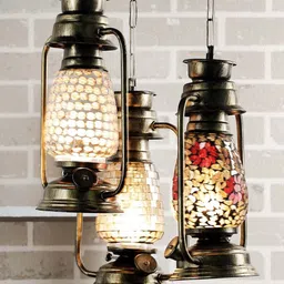 Devansh Set of 3 Gold Antique Cluster Lantern Mosaic Glass Hanging Lamp-2