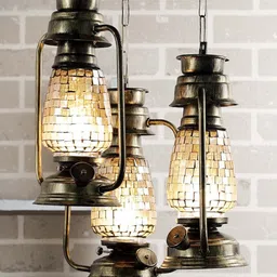 Devansh Set of 3 Gold Antique Cluster Lantern Mosaic Glass Hanging Lamp-3