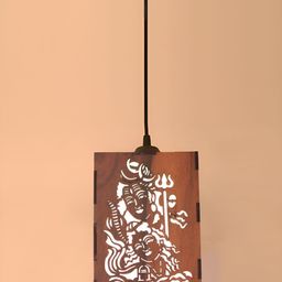 Gojeeva Brown and White Shiv Parvati Wooden 10 Watts Rectangular Traditional Ceiling Lamp image 2
