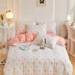 JC HOME White & Peach-Coloured Printed Double Queen Bedding Set-image-81
