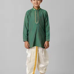 Ramraj Boys Mandarin Collar Thread Work Pure Cotton Straight Kurta With Dhoti Pants-picture-4