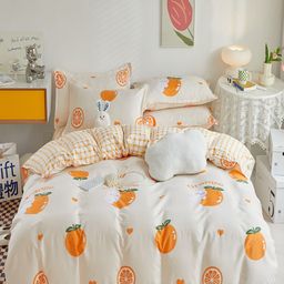 JC HOME White & Orange-Color Printed Double King Bedding Set-69