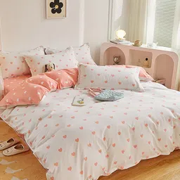 JC HOME White & Peach-Colored Heart Printed Double King Bedding Set-image-46