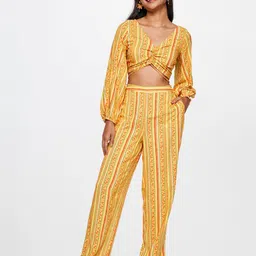Global Desi Ethnic Motif Printed V-Neck Ruched Cut-Outs Casual Top with Trousers-picture-0