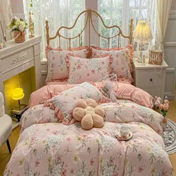 JC HOME Peach Coloured  White Floral Printed Double Queen Bedding Set-12