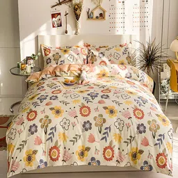 JC HOME Cream & Peach Printed Pure Cotton Double King Bedding Set-image-56