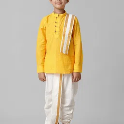 Ramraj Boys Woven Design Mandarin Collar Straight Kurta with Dhoti Pants & Angavastram-picture-16