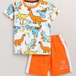 Lazy Shark Boys White & Orange Printed T-shirt with Shorts-image-44