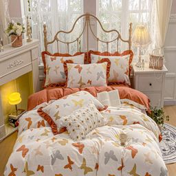 JC HOME Orange-Coloured  white Printed Double King Bedding Set-71