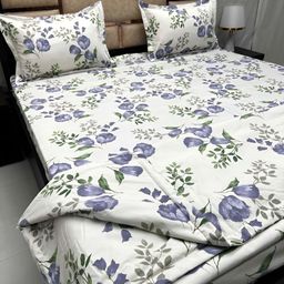 Pure Decor White & Purple 4 Pieces Floral Printed Cotton Double King Fine Bedding Set-image-86