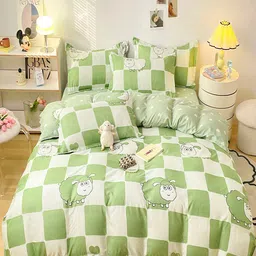 JC HOME Green & White Checked Single Bed Bedding Set-16