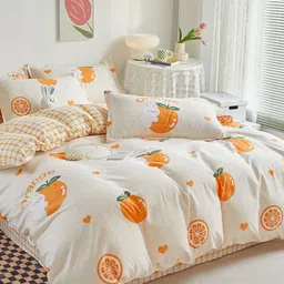 JC HOME White & Orange-Color Printed Double King Bedding Set-3
