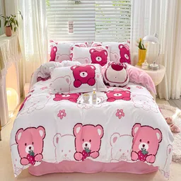 JC HOME White & Pink Printed Double XL Bedding Set-image-65