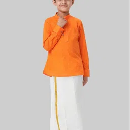 Ramraj Boys Woven Design Mandarin Collar Pure Cotton Straight Kurta With Veshti-image-75