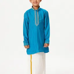 Ramraj Boys Thread Work Mandarin Collar Pure Cotton Straight Kurta With Dhoti-picture-11