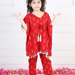 kidcetra Girls Floral Printed Pure Cotton Kaftan Kurta With Trousers-image-33