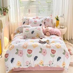JC HOME White & Pink Floral Printed Double Extra Large Bedding Set-image-68