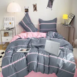 JC HOME Pink & Grey Striped Double Queen Bedding Set-image-76