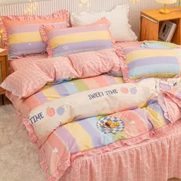 JC HOME Pink & Yellow Printed Double King Bedding Set-23