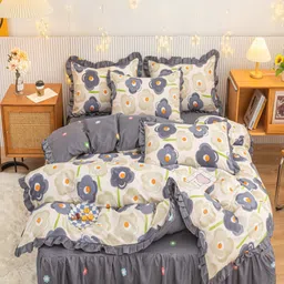 JC HOME Grey & Beige Floral Printed Double Queen Bedding Set-image-16