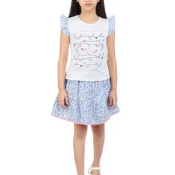 Tiny Girl Girls Blue & Grey Printed Pure Cotton Top with Skirt-image-85