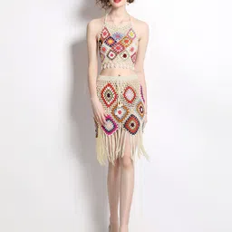 JC Collection Geometric Self Design Shoulder Strap Top with Skirt-picture-0