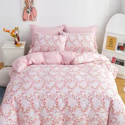 JC HOME Pink Printed Pure Cotton Bedding Set With 2 Pillow Covers & Quilt Cover-image-14