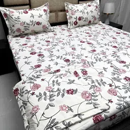 Pure Decor White & Pink 4 Pieces Floral Printed Cotton Double King Superfine Bedding Set-56