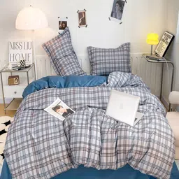 JC HOME Blue & White Checked Double Queen Bedding Set-image-80