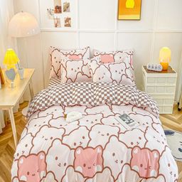 JC HOME Pink & White Printed Double King Bedding Set-image-59