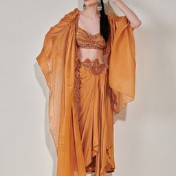 ONE KNOT ONE Embellished Cowl Cape Set With Drape Skirt-33