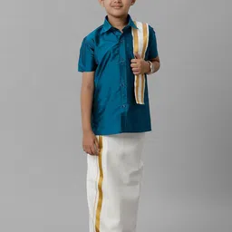 Ramraj Boys Slik Cotton Shirt with Golden Zari Dhoti & Angavastram-image-86