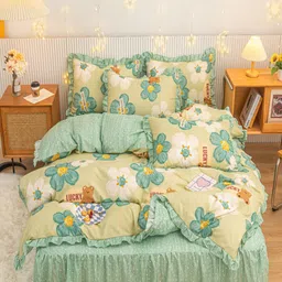 JC HOME Green & Yellow Printed Double King Bedding Set-image-32