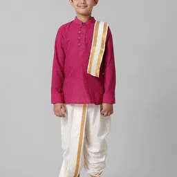 Ramraj Boys Woven Design Mandarin Collar Straight Kurta with Dhoti Pants & Angavastram-26