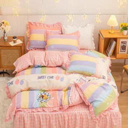 JC HOME Pink & White Checked Double Queen Bedding Set-image-36