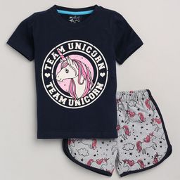 Lazy Shark Girls Blue & Grey Printed T-shirt with Shorts-image-47