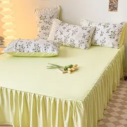 JC HOME White & Green Floral Printed Double King Bedding Set-picture-2
