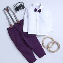FOURFOLDS Boys Bow Detail With Suspenders Pure Cotton Shirt with Trousers-41