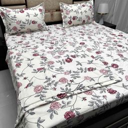 Pure Decor White & Pink Floral Cotton DoubleKing Comforter & Bedsheet Set & 2 PillowCovers-image-42